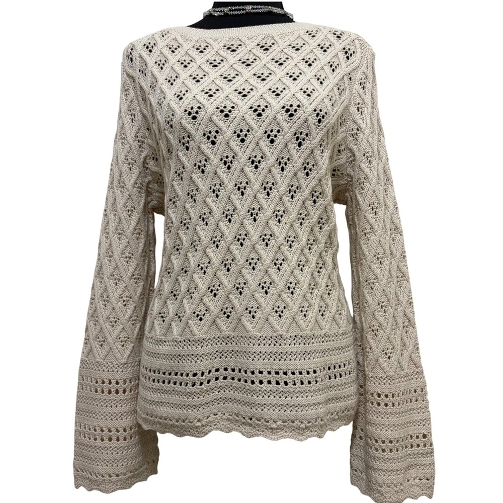 NEW Loft Pointelle Open Knit Eyelet Sweater Cream Petite Large Cotton Blend Boho